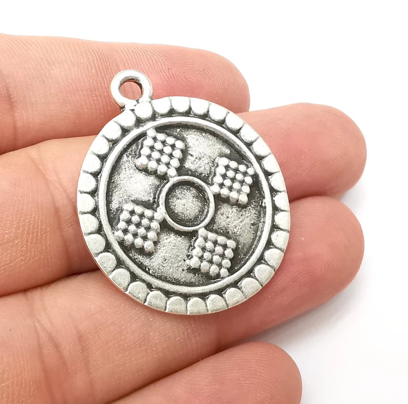 Silver Round Charms, Antique Silver Plated (39x33mm) G34212