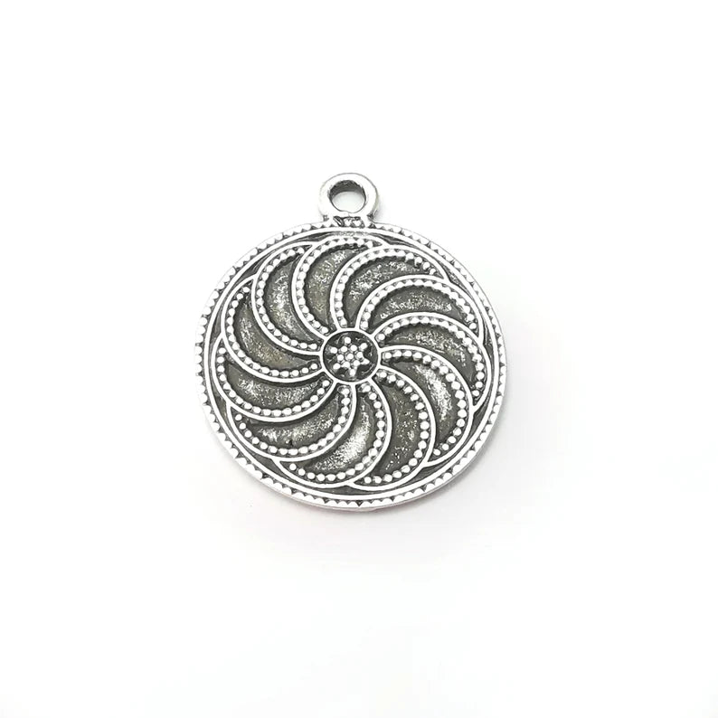 Silver Round Charms, Antique Silver Plated (37x31mm) G34213