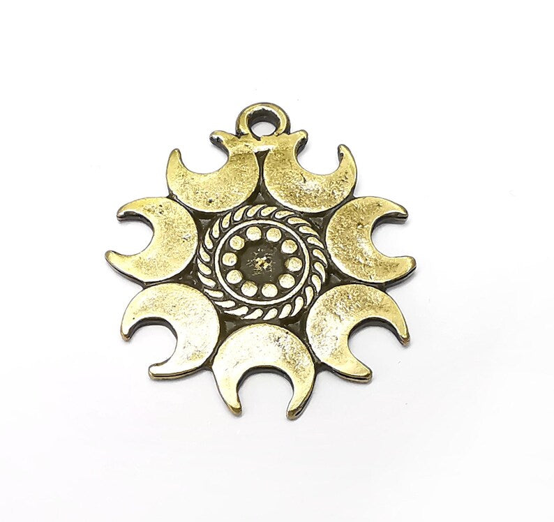 Crescent Moon Round Charms, Antique Bronze Plated (37x32mm) G34222