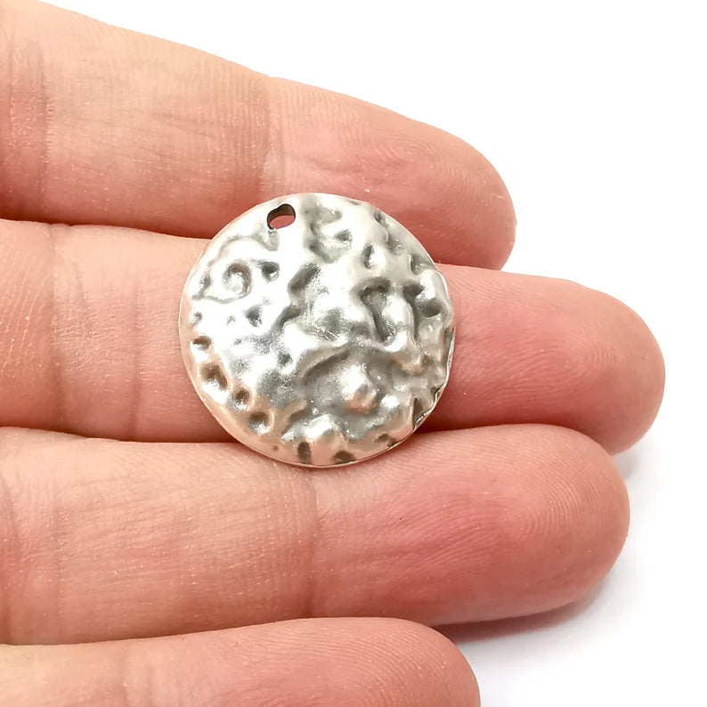 2 Hammered Dome Disc Charms, Antique Silver Plated Dangle Charms (24mm) G34162
