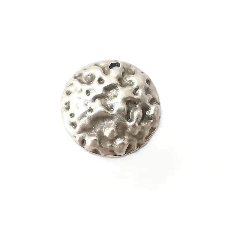 2 Hammered Dome Disc Charms, Antique Silver Plated Dangle Charms (24mm) G34162