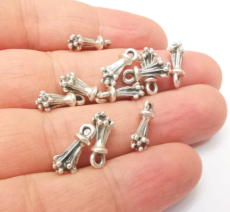10 Silver Tiny Cute Dangle Charms, Antique Silver Plated Charms (14x6mm) G34228