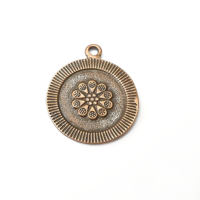 Flower Round Charms, Antique Copper Plated (39x33mm) G34233