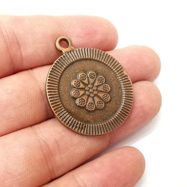 Flower Round Charms, Antique Copper Plated (39x33mm) G34233