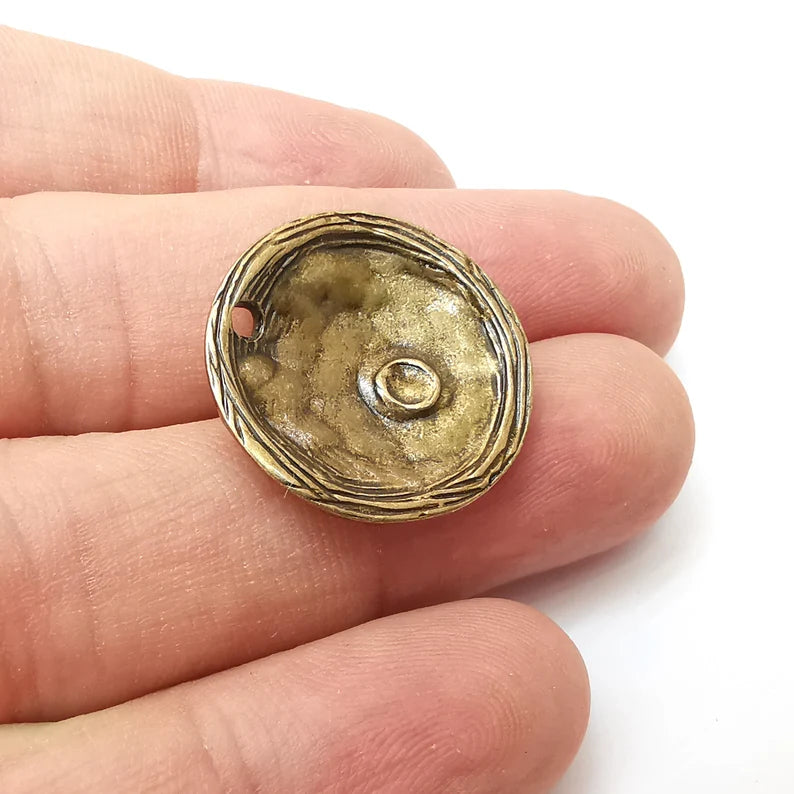 Hammered Dome Disc Charms, Antique Bronze Plated Dangle Charms (24mm) G34172