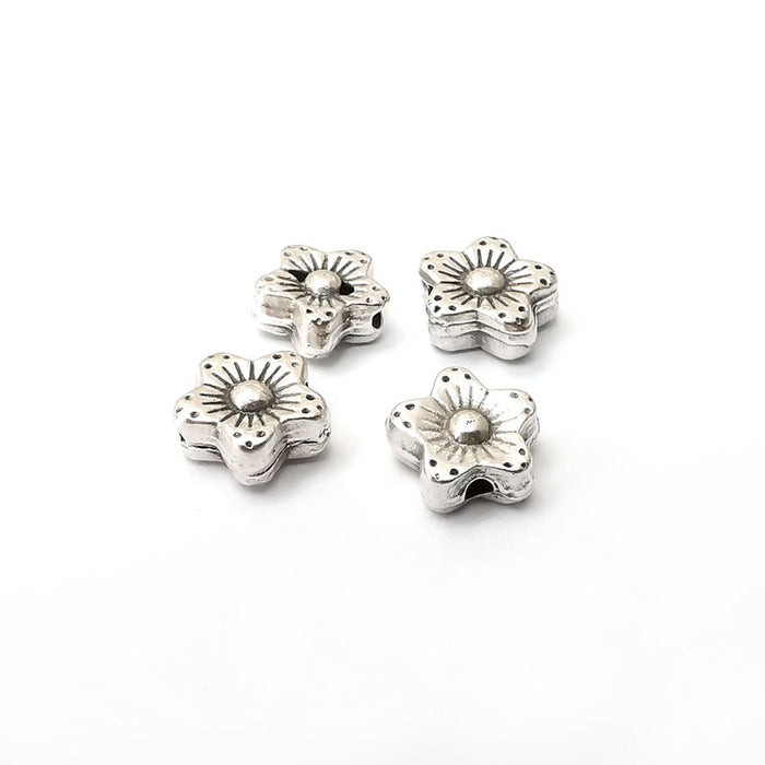5 Flower Beads Antique Silver Plated Metal Beads (9mm) G34178