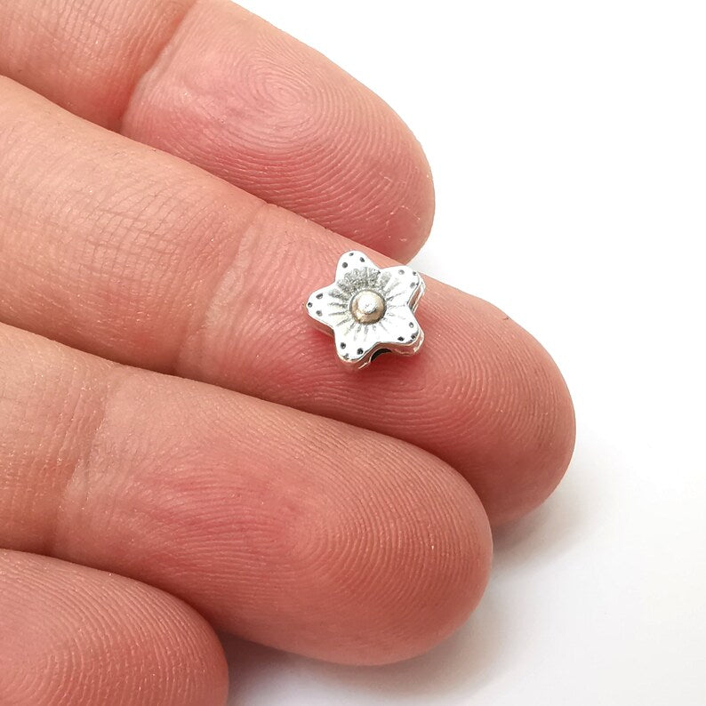 5 Flower Beads Antique Silver Plated Metal Beads (9mm) G34178