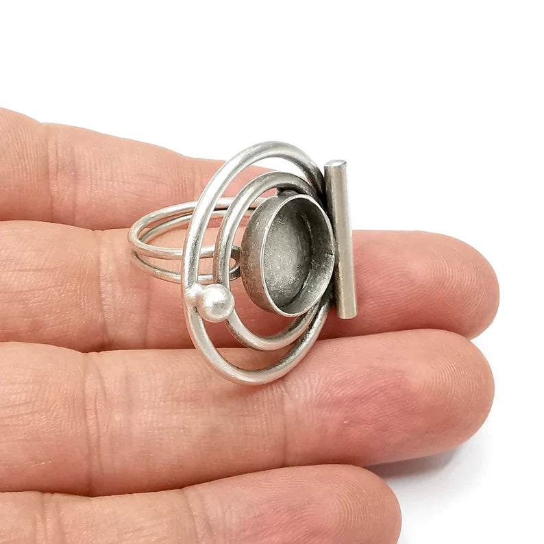 Circles Ring Setting Resin Ring Blank Cabochon Mounting Adjustable Dried Flower Ring Base Bezel Antique Silver Plated Brass (14mm) G34254