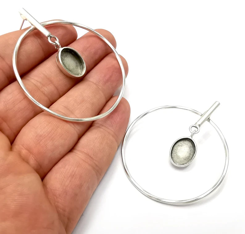 Hoop Rod Stick Round Silver Earring Set Base Wire Antique Silver Plated Brass Earring Base (13x10mm cabochon bezel) (58x50mm) G34255
