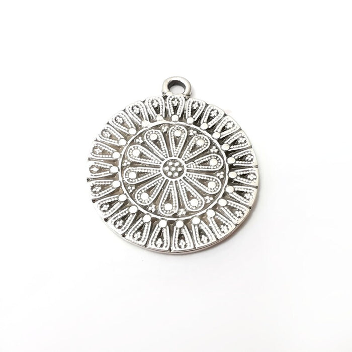 Flower Round Charms, Antique Silver Plated Dangle Charms (38x32mm) G34179