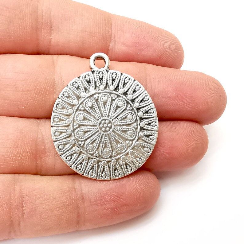 Flower Round Charms, Antique Silver Plated Dangle Charms (38x32mm) G34179