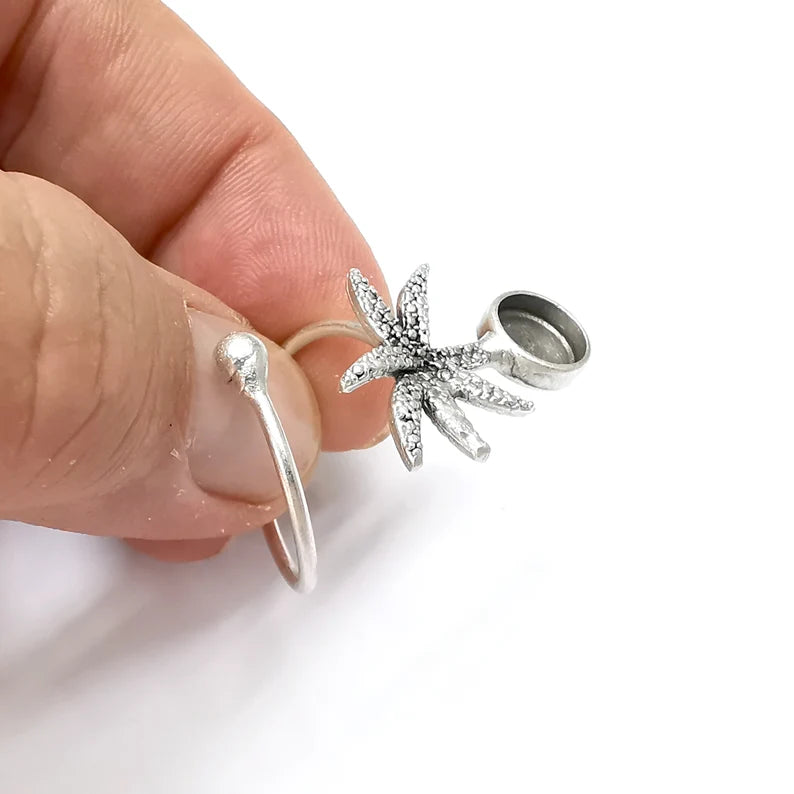 Palm Tree Ring Setting Resin Ring Blank Cabochon Mounting Adjustable Dried Flower Ring Base Bezel Antique Silver Plated Brass (8mm) G34259