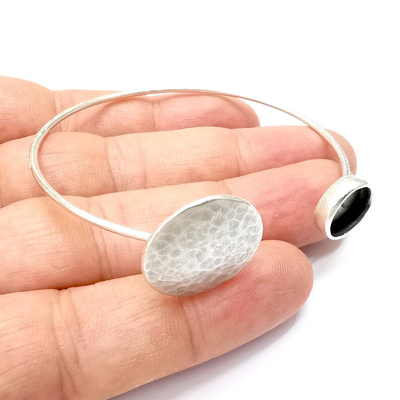 Hammered Silver Bracelet Brass Cuff Blank Bezel Glass Cabochon Base Adjustable Antique Silver Brass (10 mm blank) G34260