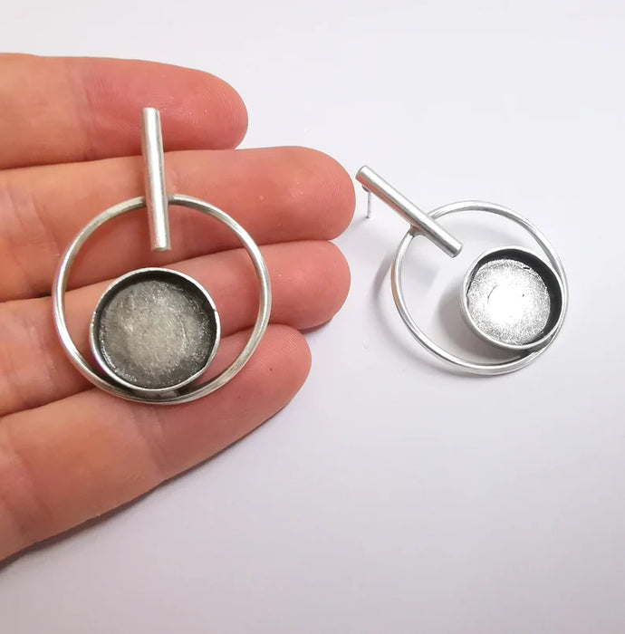 Hoop Rod Stick Round Silver Earring Set Base Wire Antique Silver Plated Brass Earring Base (16mm cabochon bezel) (43x31mm) G34193