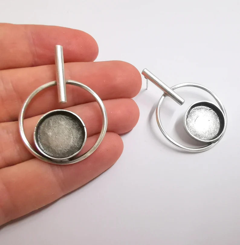 Hoop Rod Stick Round Silver Earring Set Base Wire Antique Silver Plated Brass Earring Base (16mm cabochon bezel) (43x31mm) G34193