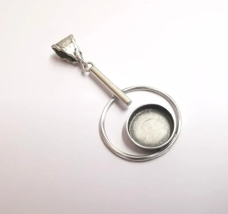 Circles Dangle Pendant Base Setting Bezel Blank Antique Silver Plated Brass Pendant (60x30 mm) (16mm blanks) G25006