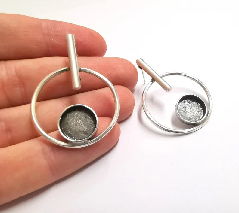 Hoop Rod Stick Round Silver Earring Set Base Wire Antique Silver Plated Brass Earring Base (12mm cabochon bezel) (43x31mm) G34199