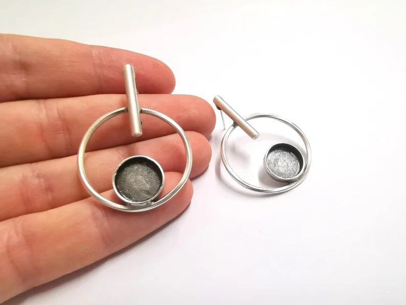 Hoop Rod Stick Round Silver Earring Set Base Wire Antique Silver Plated Brass Earring Base (12mm cabochon bezel) (43x31mm) G34199