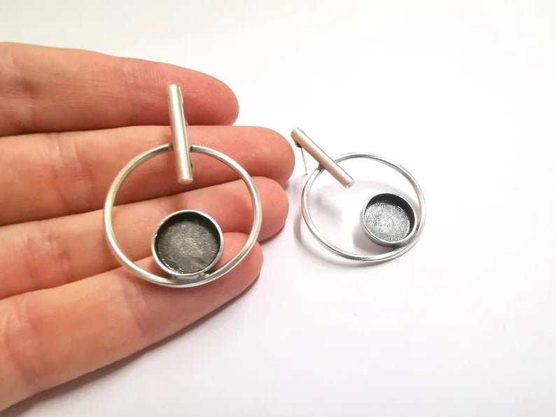 Hoop Rod Stick Round Silver Earring Set Base Wire Antique Silver Plated Brass Earring Base (12mm cabochon bezel) (43x31mm) G34199