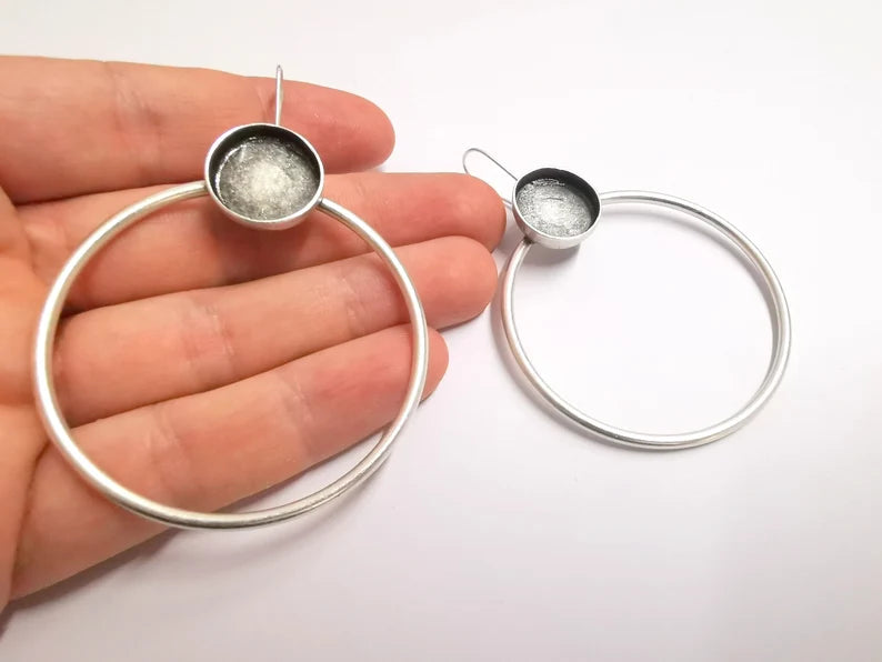 Hoop Wire Round Earring Blank Base Settings Silver Resin Cabochon Inlay Mountings Antique Silver Brass (16mm blanks) 1 Set G34200