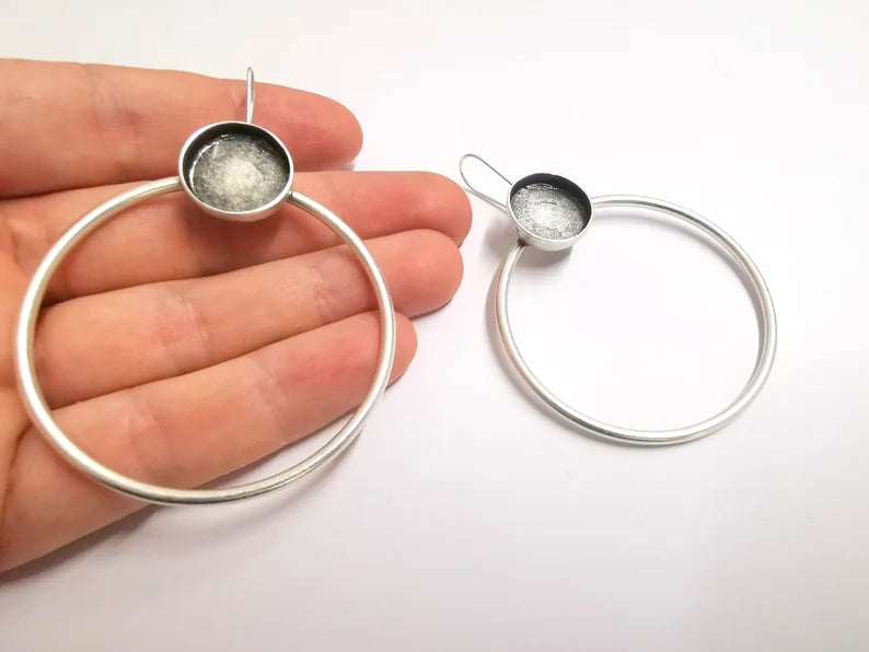 Hoop Wire Round Earring Blank Base Settings Silver Resin Cabochon Inlay Mountings Antique Silver Brass (16mm blanks) 1 Set G34200
