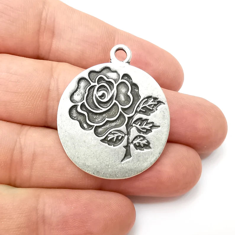 Rose , Flower Round Charms, Antique Silver Plated (40x33mm) G34203