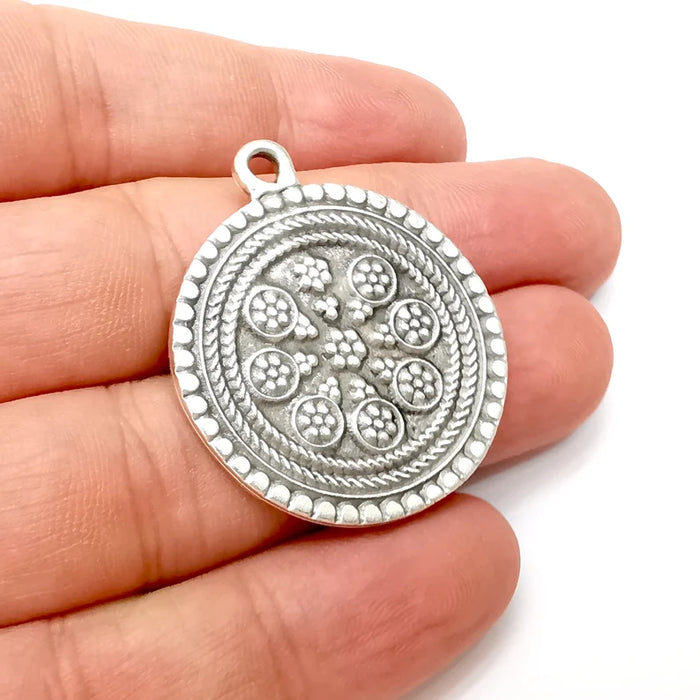 Flower Round Charms, Antique Silver Plated (40x34mm) G34209