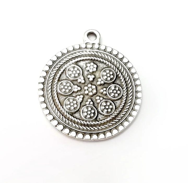 Flower Round Charms, Antique Silver Plated (40x34mm) G34209