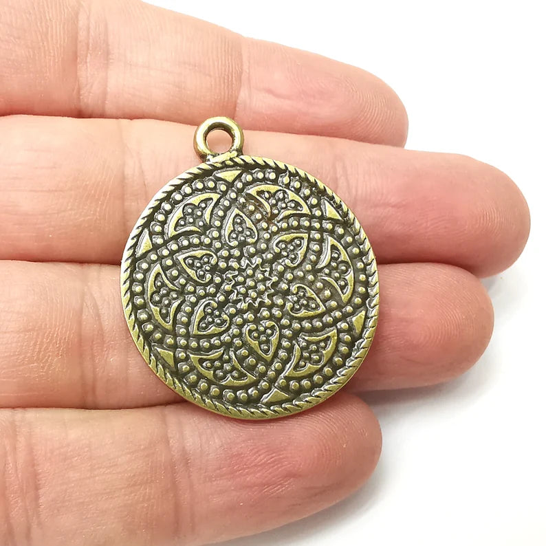 Flower Round Charms, Antique Bronze Plated (39x33mm) G34270