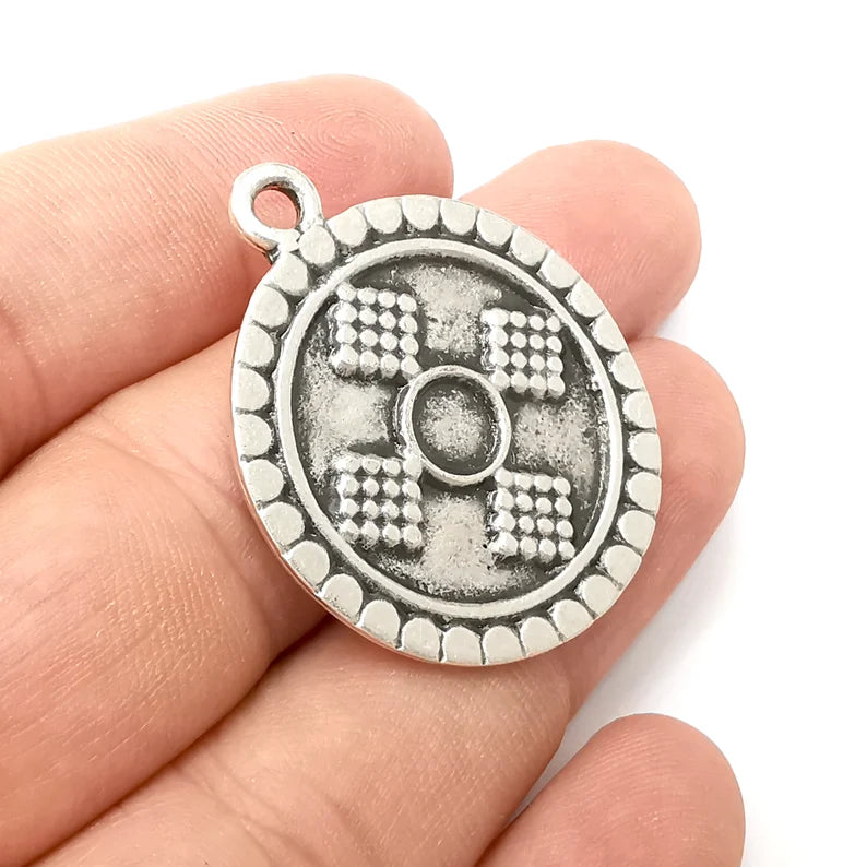 Silver Round Charms, Antique Silver Plated (39x33mm) G34212