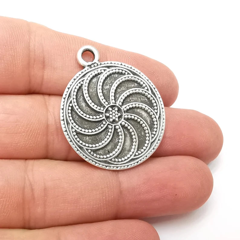 Silver Round Charms, Antique Silver Plated (37x31mm) G34213