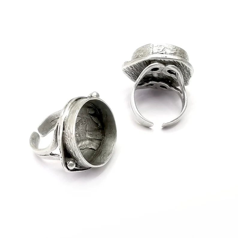 Round Ring Setting Resin Ring Blank Mounting Adjustable Dried Flower Rings Base Bezel Antique Silver Plated Brass (19mm) G34280