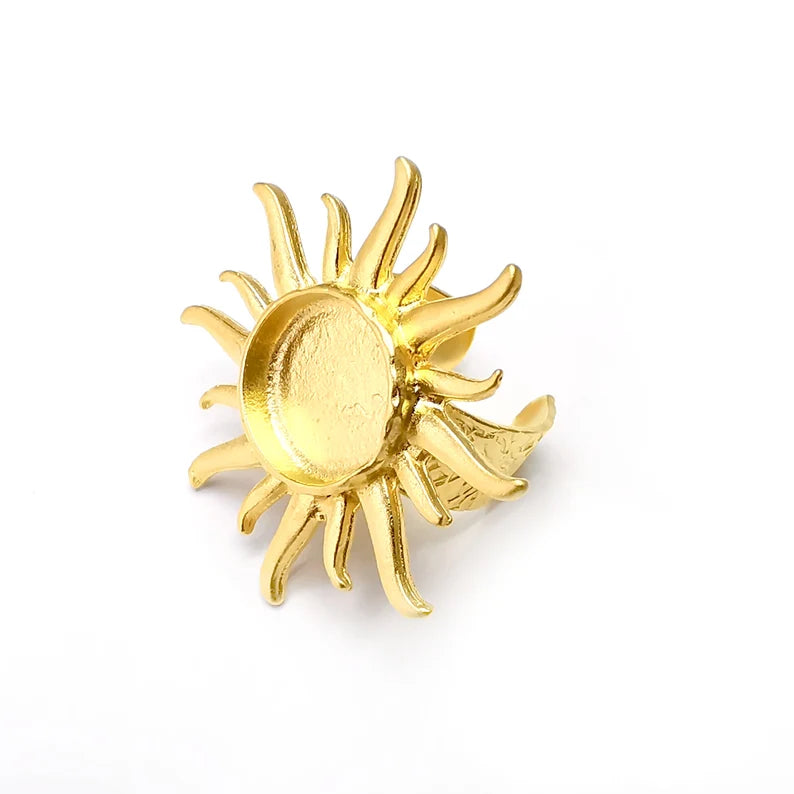 Sun Ring Blank Settings, Cabochon Mounting, Adjustable Gold Plated Resin Ring Base Bezel, Inlay Mosaic Epoxy (16mm) G34282