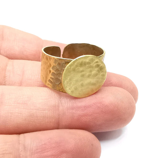 Raw Brass Hammered Large Ring Blank Settings, Cabochon Base, Mountings Adjustable (16mm blank ) G34216