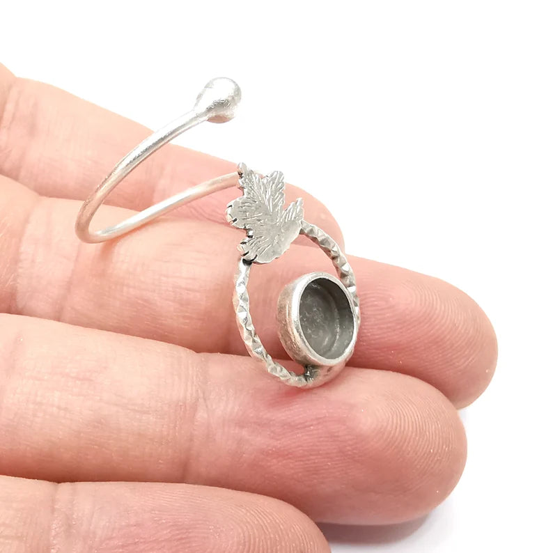 Leaf, Wrap Ring Blank Settings, Cabochon Mounting, Adjustable Antique Silver Resin Ring Base Bezel, Inlay Mosaic Cabochon (8mm) G34218