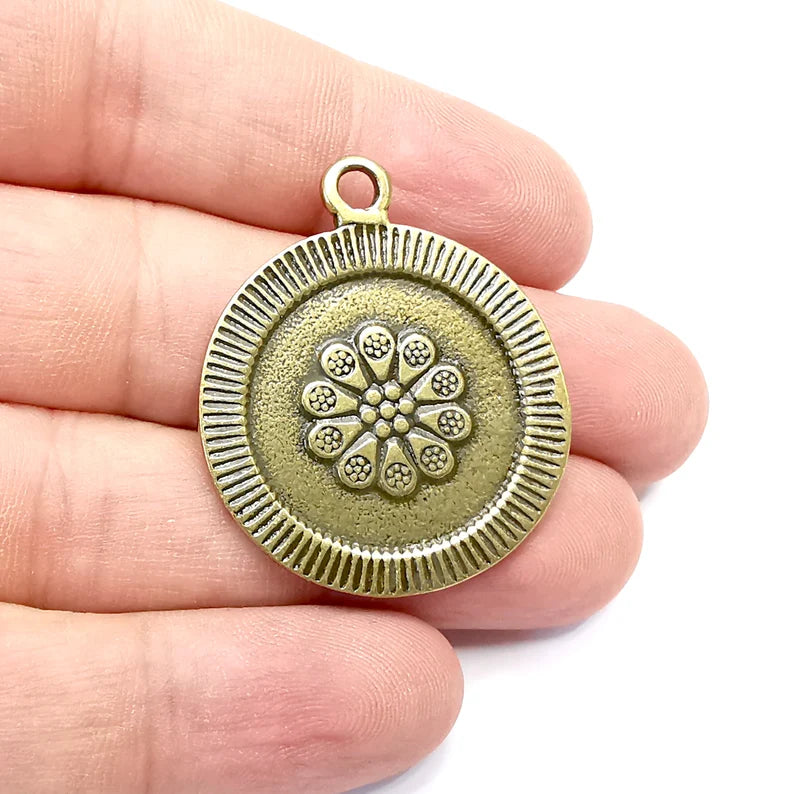 Flower Round Charms, Antique Bronze Plated (39x33mm) G34289