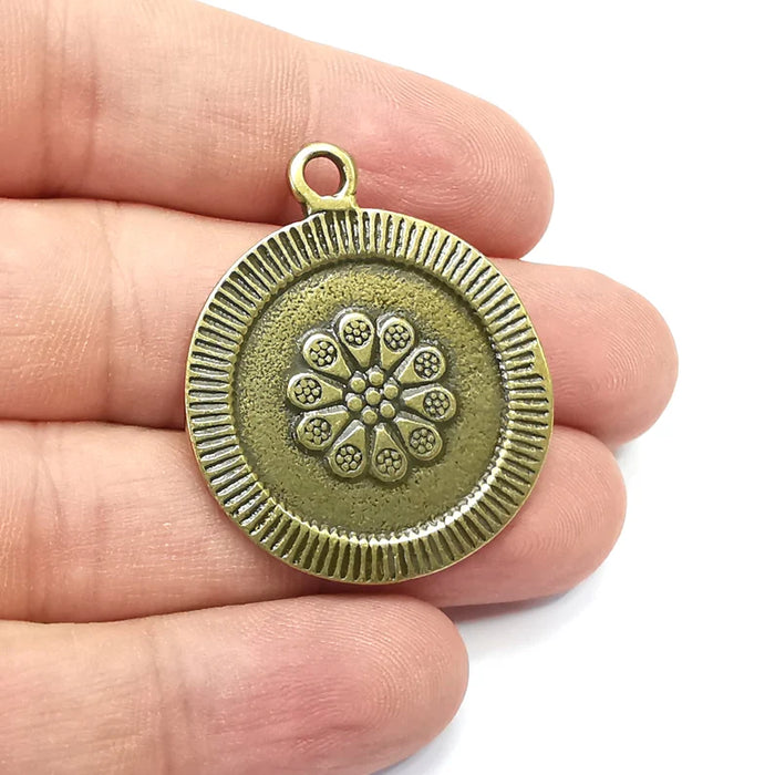 Flower Round Charms, Antique Bronze Plated (39x33mm) G34289