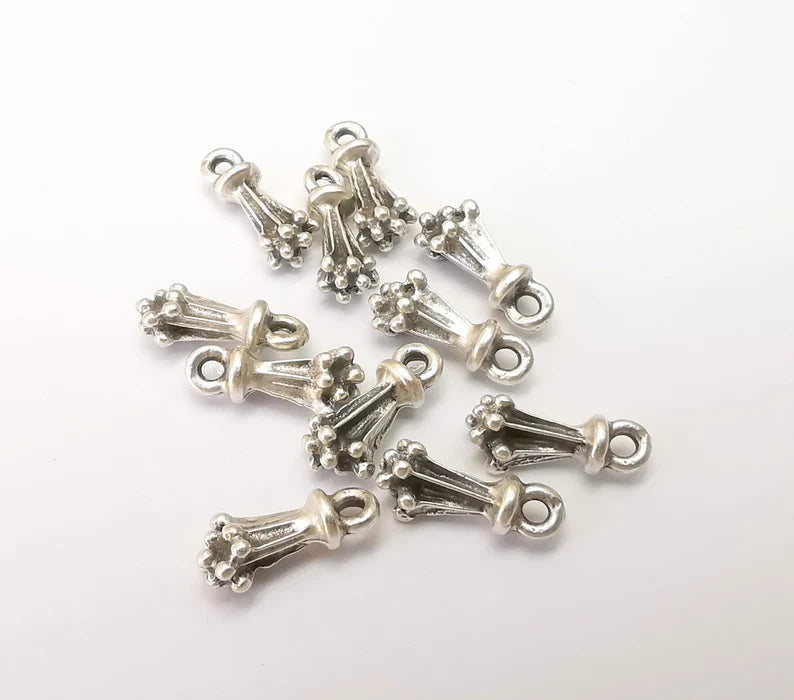 10 Silver Tiny Cute Dangle Charms, Antique Silver Plated Charms (14x6mm) G34228