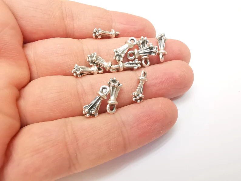 10 Silver Tiny Cute Dangle Charms, Antique Silver Plated Charms (14x6mm) G34228