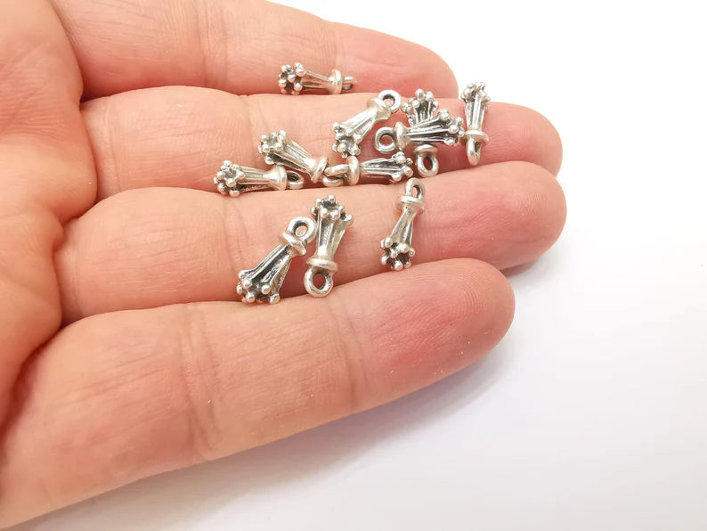 10 Silver Tiny Cute Dangle Charms, Antique Silver Plated Charms (14x6mm) G34228