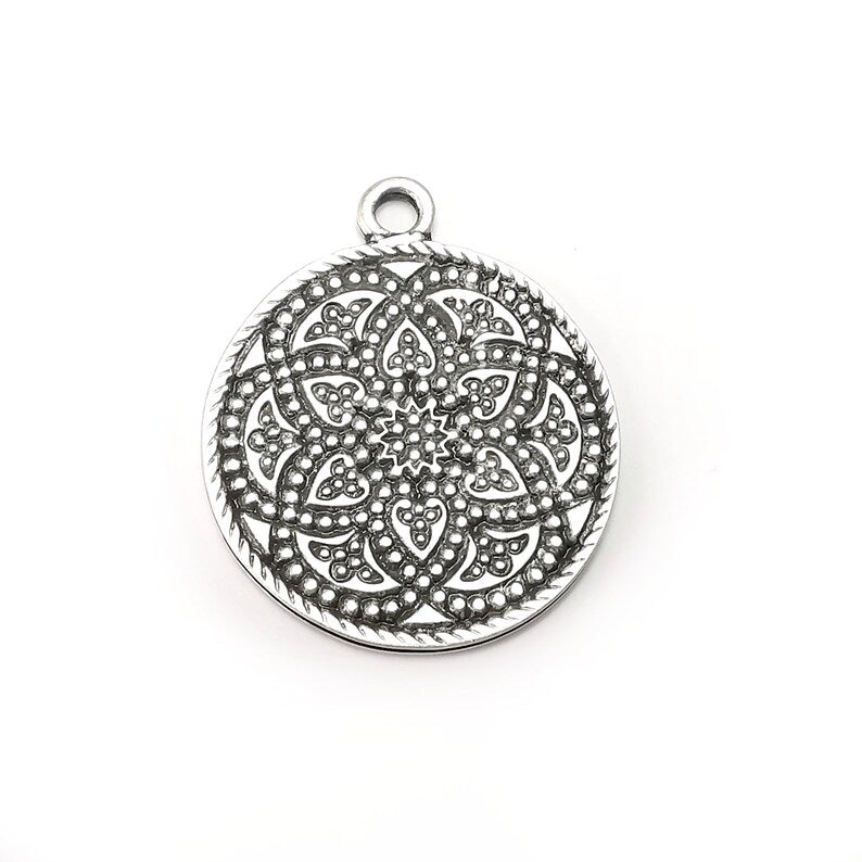 Flower Round Charms, Antique Silver Plated (39x32mm) G34297