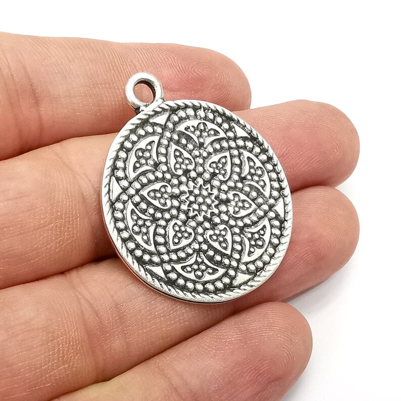 Flower Round Charms, Antique Silver Plated (39x32mm) G34297