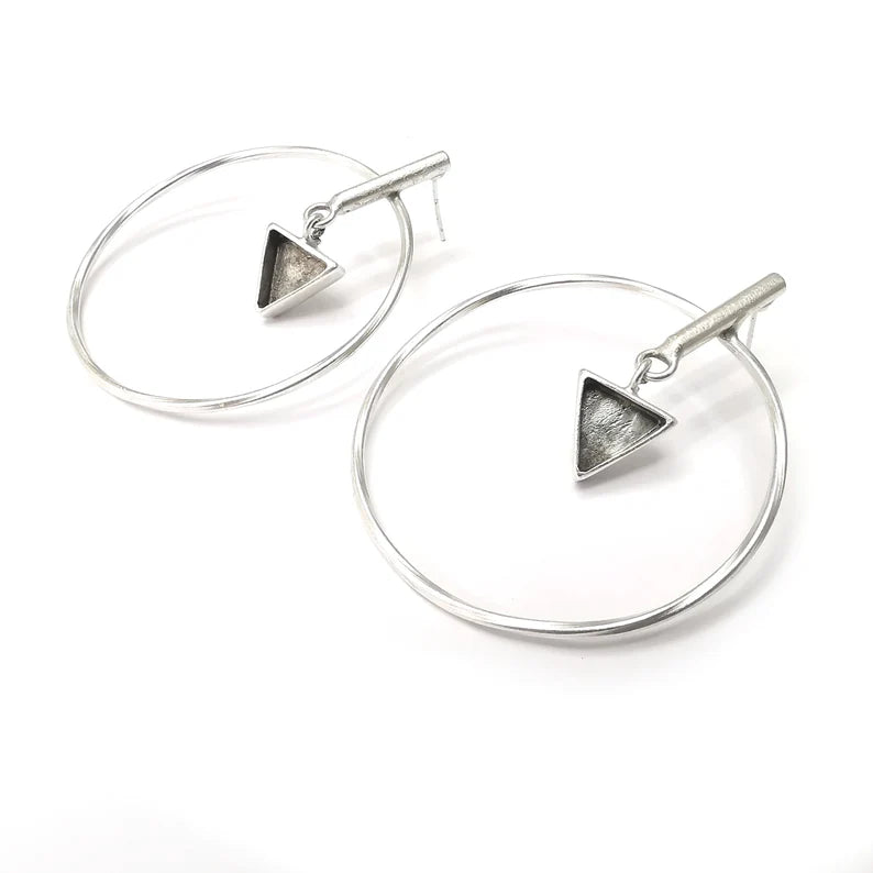 Hoop Rod Stick Triangle Silver Earring Set Base Wire Antique Silver Plated Brass Earring Base (10x10mm cabochon bezel) (58x50mm) G34304