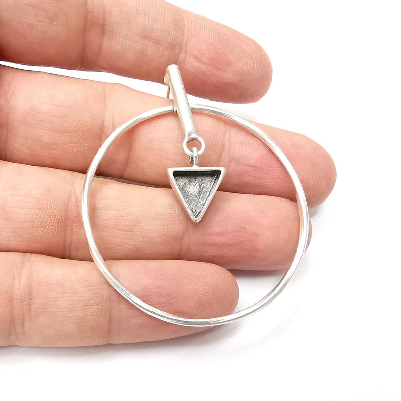 Hoop Rod Stick Triangle Silver Earring Set Base Wire Antique Silver Plated Brass Earring Base (10x10mm cabochon bezel) (58x50mm) G34304