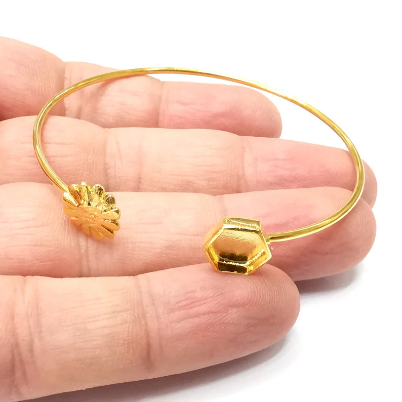 Flower Hexagon Bracelet Bezel Blank Resin Bezel Cabochon Cuff Base Settings Adjustable Bracelet Shiny Gold Plated Brass (8mm Bezel) G34305