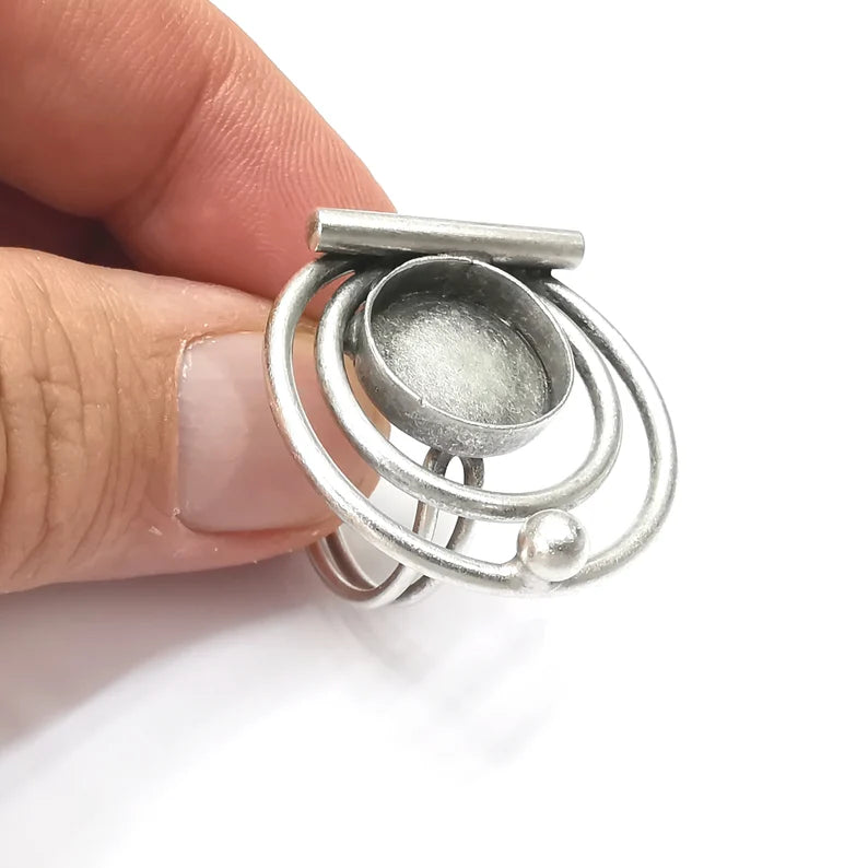 Circles Ring Setting Resin Ring Blank Cabochon Mounting Adjustable Dried Flower Ring Base Bezel Antique Silver Plated Brass (14mm) G34254
