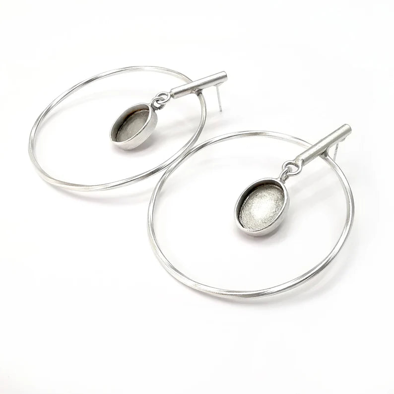 Hoop Rod Stick Round Silver Earring Set Base Wire Antique Silver Plated Brass Earring Base (13x10mm cabochon bezel) (58x50mm) G34255