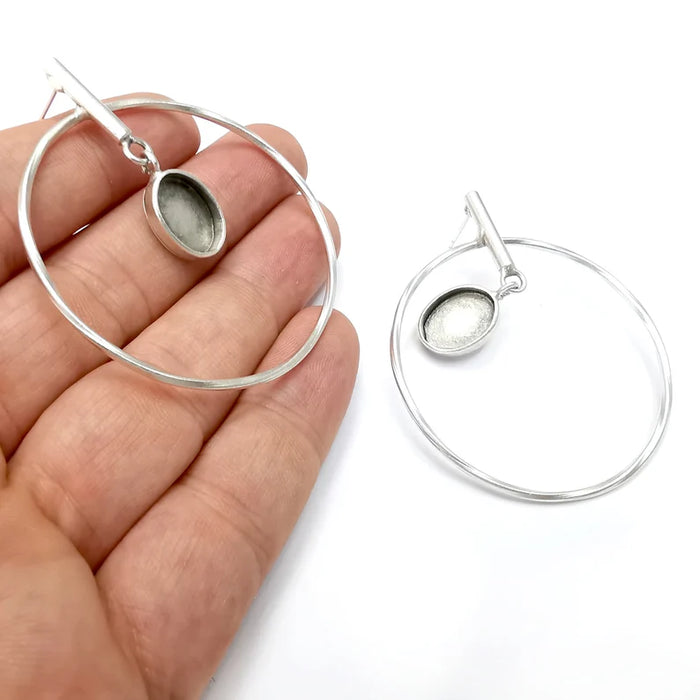Hoop Rod Stick Round Silver Earring Set Base Wire Antique Silver Plated Brass Earring Base (13x10mm cabochon bezel) (58x50mm) G34255