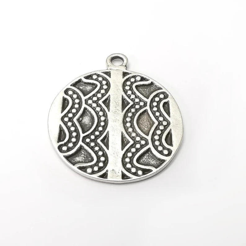 Silver Round Charms, Antique Silver Plated (41x35mm) G34308