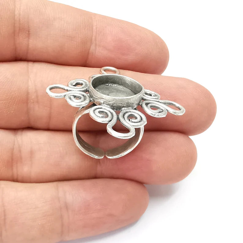 Silver Ring Blank Settings, Cabochon Mounting, Adjustable Antique Silver Resin Ring Base Bezel, Inlay Mosaic Cabochon (13mm) G34258
